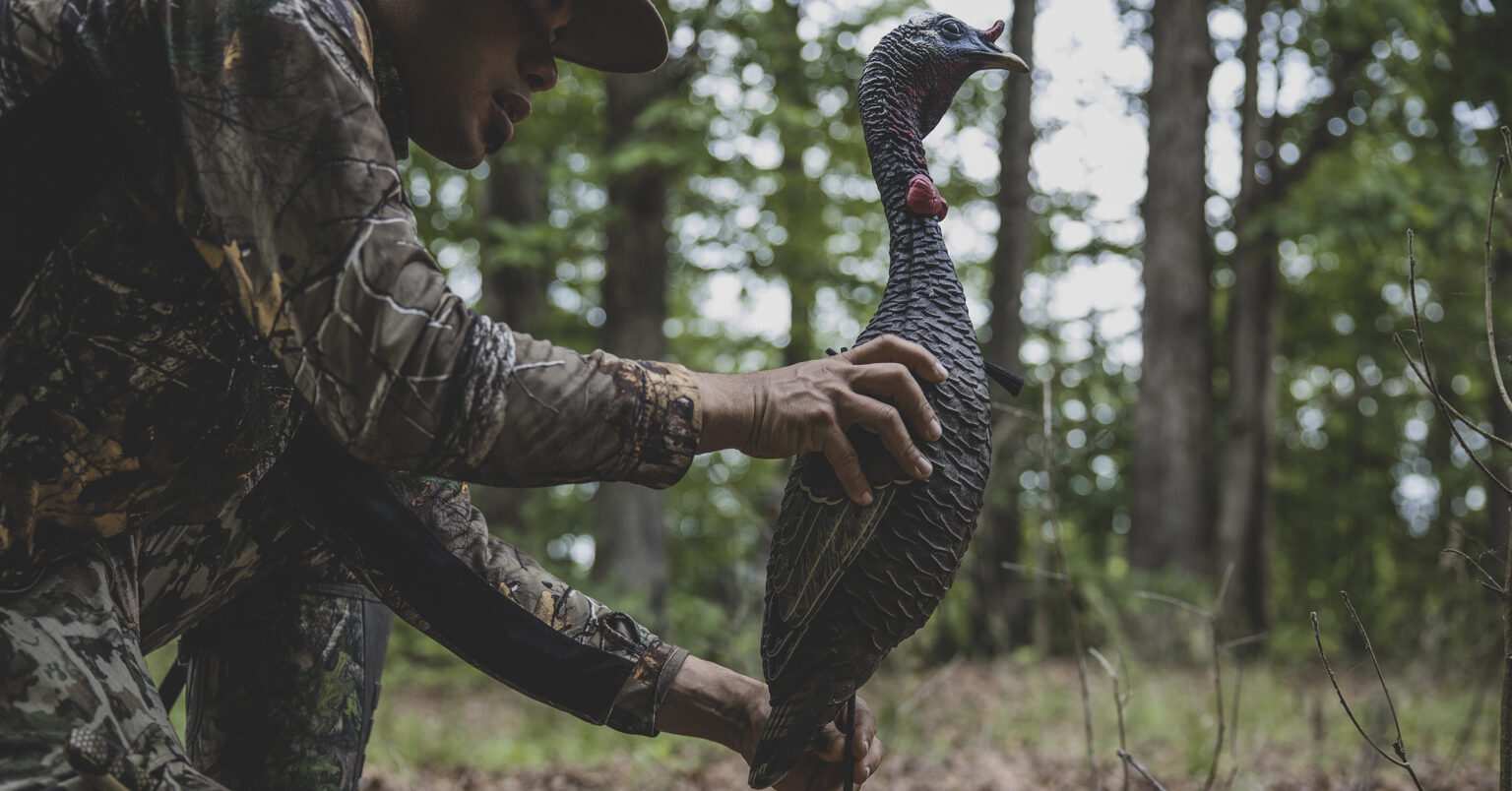 A turkey hunter placing a decoy in the woods