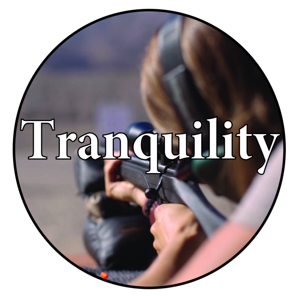 An image of a woman shooting a rifle with the word tranquility over the image.