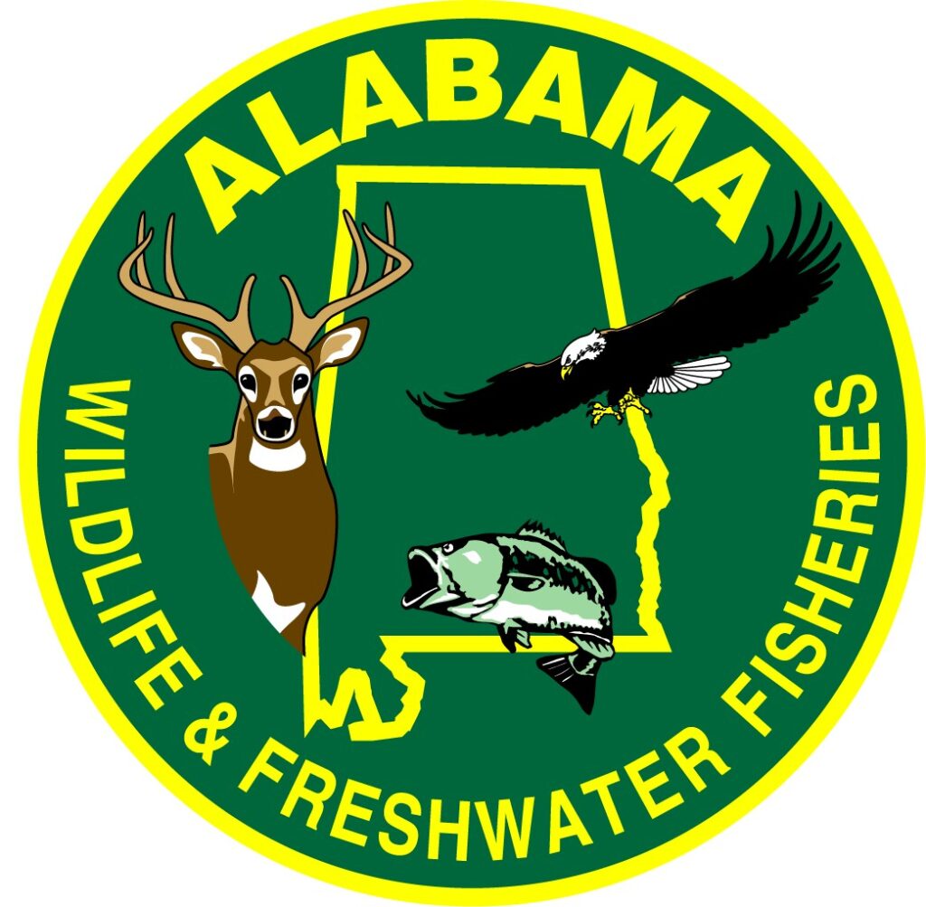 Green circle logo with an eagle, fish, and deer in front of an outline of Alabama state