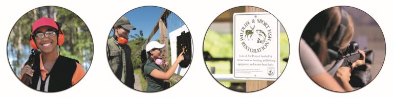 Woman smiling at a shooting range. A woman and man looking at a target. An image of the Wildlife and Sport Fish Restoration Sign. A woman shooting a rifle at a target.