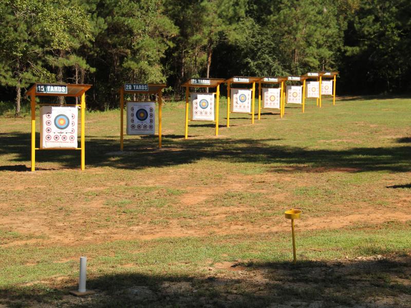 Image of eight archery targets at the Troy Community Archery Park.