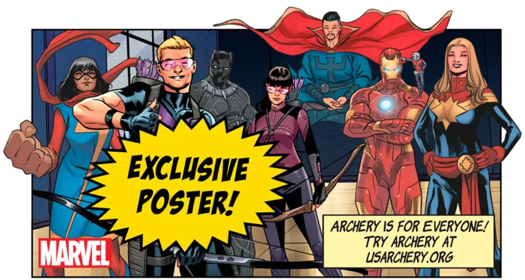 Hawkeye and other Marvel superheroes in comic strip style poster promoting the Archery is for Everyone! campaign.