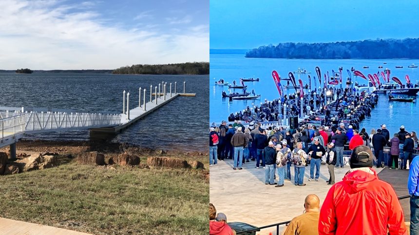 Large group of people gather around a new boat dock to celebrate its completion.