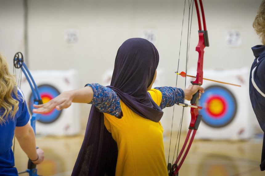 A competitor at a National Archery in the Schools Program (NASP) Tournament.