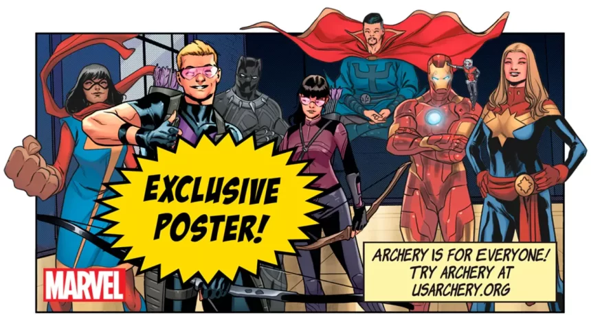 Hawkeye and other Marvel superheroes in comic strip style poster promoting the Archery is for Everyone! campaign.